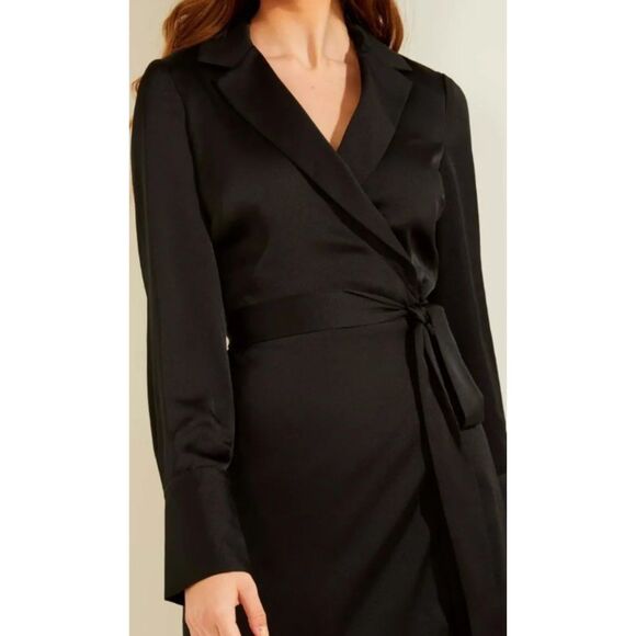 NWT Black Sz Medium Church Office EDEN Style Silky Mini Wraparound Dress GUESS - Picture 2 of 7